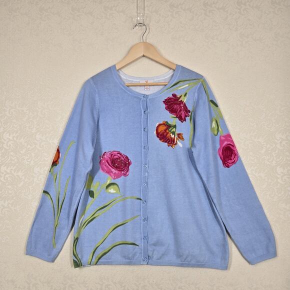Quacker Factory Cardigan Sweater sz L Blue Multi Floral 100% Cotton Rhinestones - Picture 1 of 13